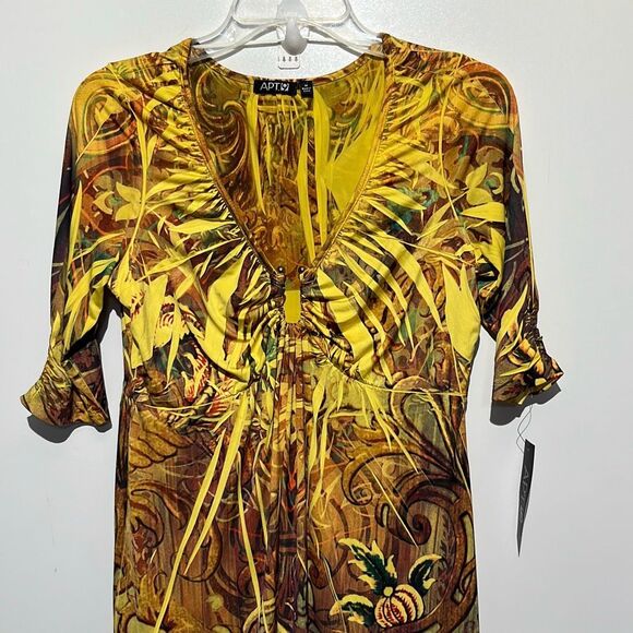 APT 9 Womens Yellow Browns Paisley Scoop Neck Short Sleeve Mini Dress Medium NWT - Picture 3 of 7